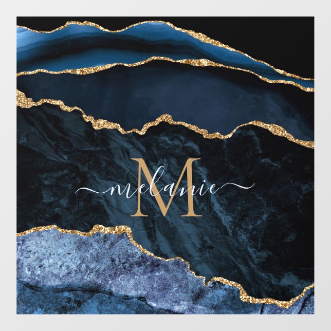 Agate Navy Blue Gold Gemstone Marble Monogram Name Window Cling (Sheet)