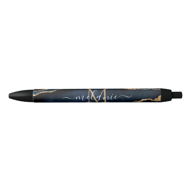 Agate Navy Blue Gold Gemstone Marble Monogram Pen (Front)