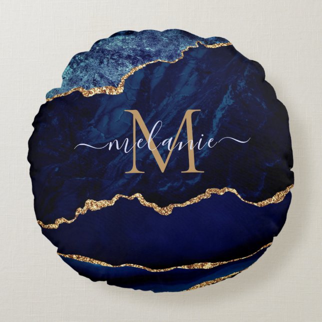 Agate Navy Blue Gold Gemstone Marble Your Name Round Cushion (Front)