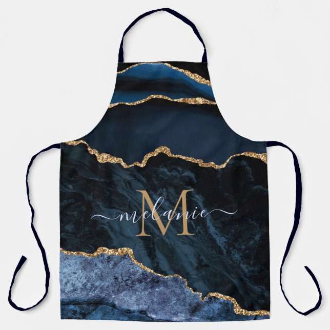 Agate Navy Blue Gold Gemstone Monogram Name Apron (Front)