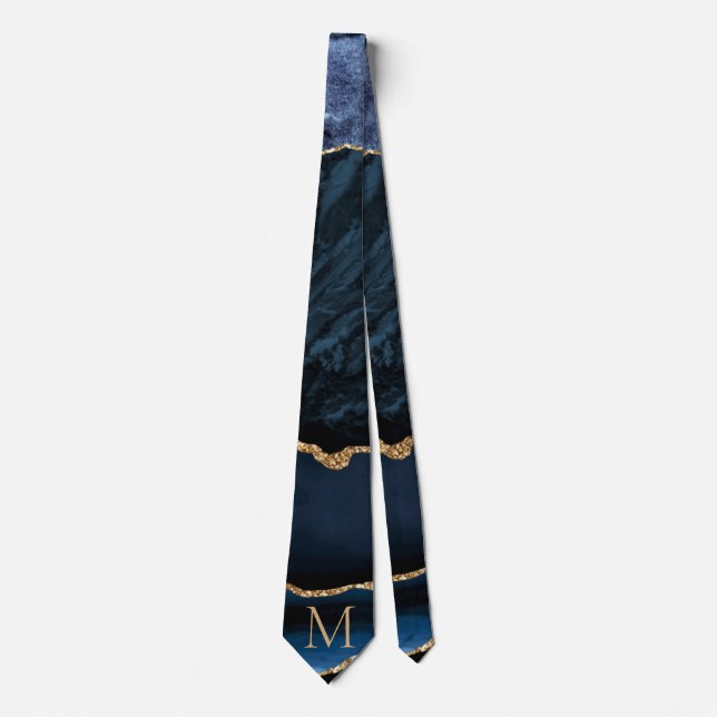 Agate Navy Blue Gold Gemstone Monogram Neck Tie (Front)