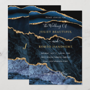 Agate Navy Blue Gold Gemstone Wedding Invitation