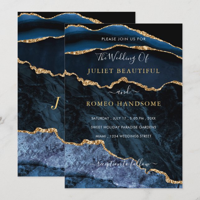 Agate Navy Blue Gold Gemstone Wedding Invitation (Front/Back)
