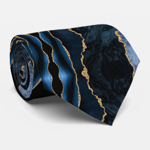 Agate Navy Blue Gold Geode Marble Elegant Neck Tie