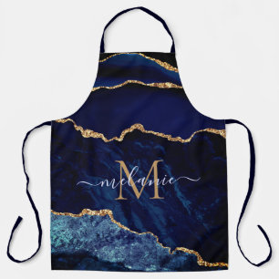 Agate Navy Blue Gold Geode Monogram Name Apron