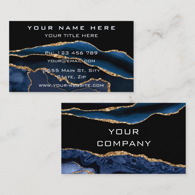 Agate Navy Blue Gold Glitter Business Card Example (Front/Back)