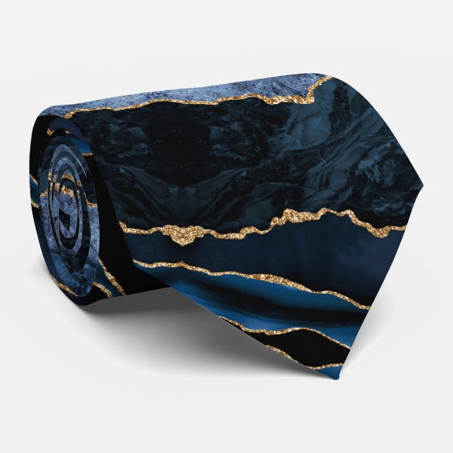 Agate Navy Blue Gold Glitter Gemstone Neck Tie (Rolled)