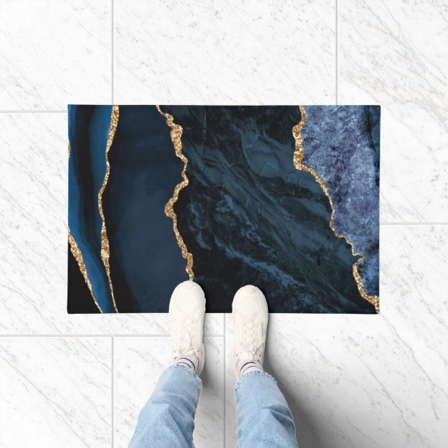 Agate Navy Blue Gold Glitter Geode Marble Doormat (Indoor)