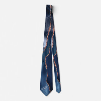 Agate Navy Blue Gold Glitter Luxury Monogram Tie