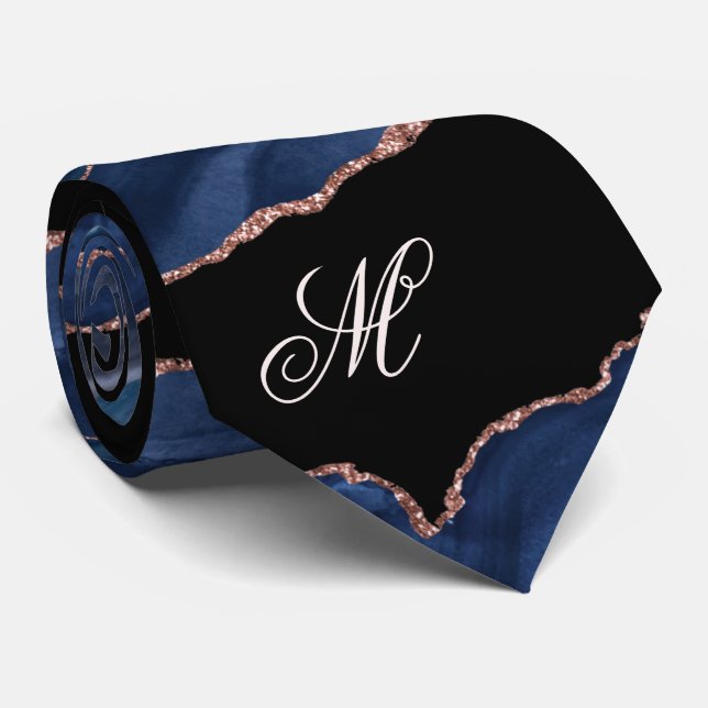 Agate Navy Blue Gold Glitter Luxury Monogram  Tie (Rolled)