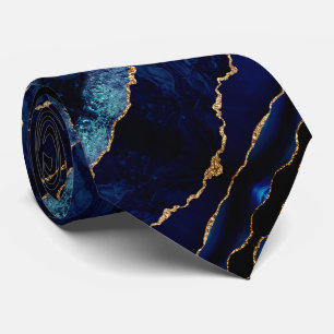 Agate Navy Blue Gold Glitter Marble Neck Tie