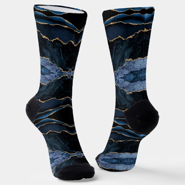 Agate Navy Blue Gold Glitter Marble Socks Gift (Angled)