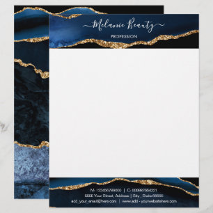 Agate Navy Blue Gold Glitter Modern Letterhead
