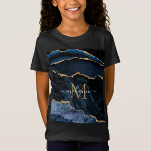 Agate Navy Blue Gold Glitter Monogram Name T-Shirt