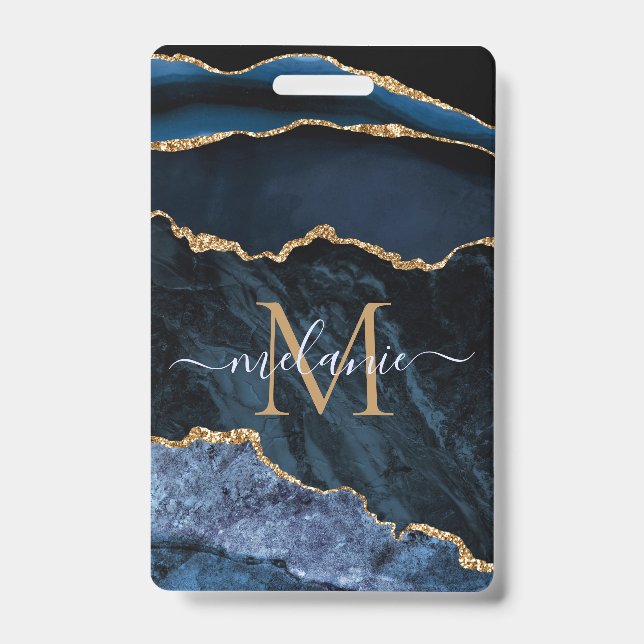 Agate Navy Blue Gold Marble Custom Name Badge ID Badge (Front)