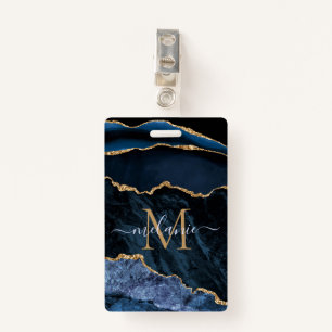Agate Navy Blue Gold Marble Custom Name Badge ID Badge