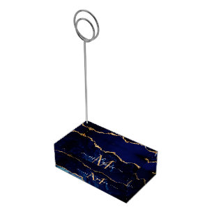 Agate Navy Blue Gold Marble Custom Name Monogram Place Card Holder