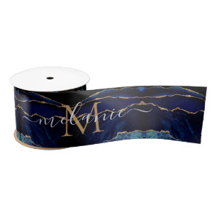 Agate Navy Blue Gold Marble Custom Name Ribbon Satin Ribbon