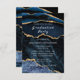 Agate Navy Blue Gold Marble Grad Invitation