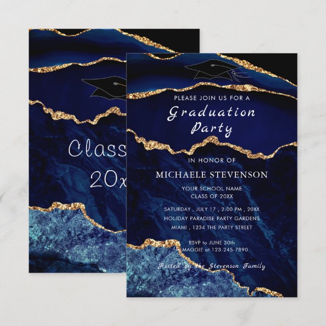 Agate Navy Blue Gold Marble Graduation Invitation (Front/Back)