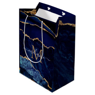 Agate Navy Blue Gold Marble Monogram Name Gift Bag