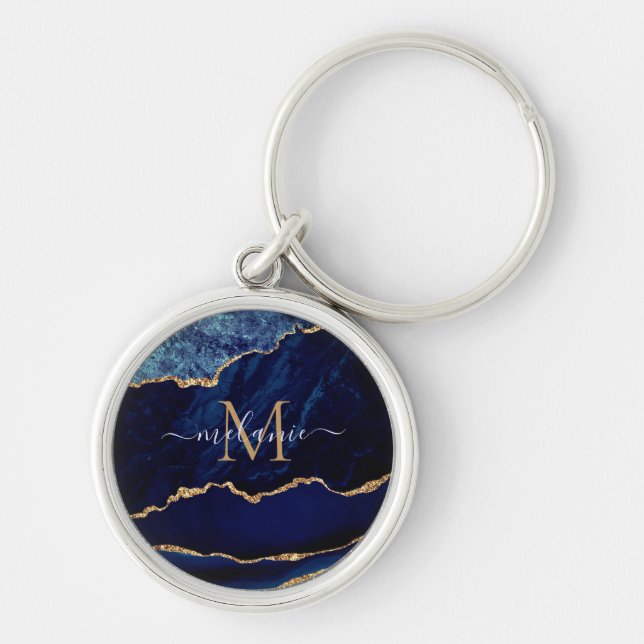 Agate Navy Blue Gold Marble Monogram Name Keychain (Front)