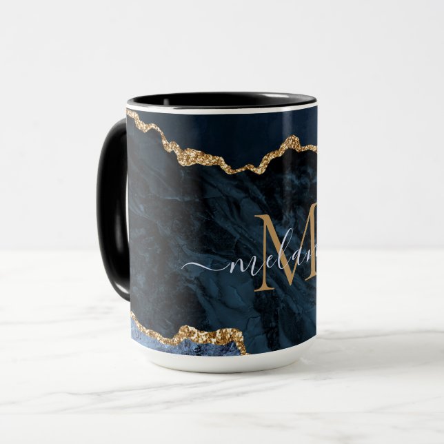 Agate Navy Blue Gold Marble Monogram Name Mug (Front Left)