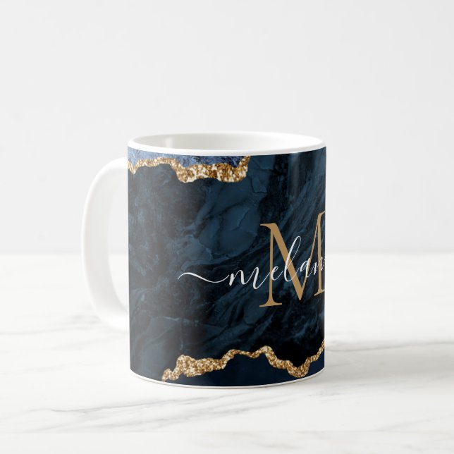 Agate Navy Blue Gold Marble Mug Gift Your Name (Front Left)