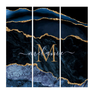 Agate Navy Blue Gold Marble Name Letter Triptych