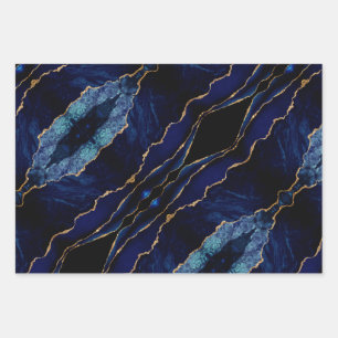 Agate Navy Blue Gold Marble Wrapping Paper Sheets