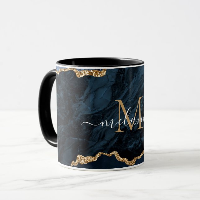 Agate Navy Blue Gold Marble Your Name Letter Mug (Front Left)