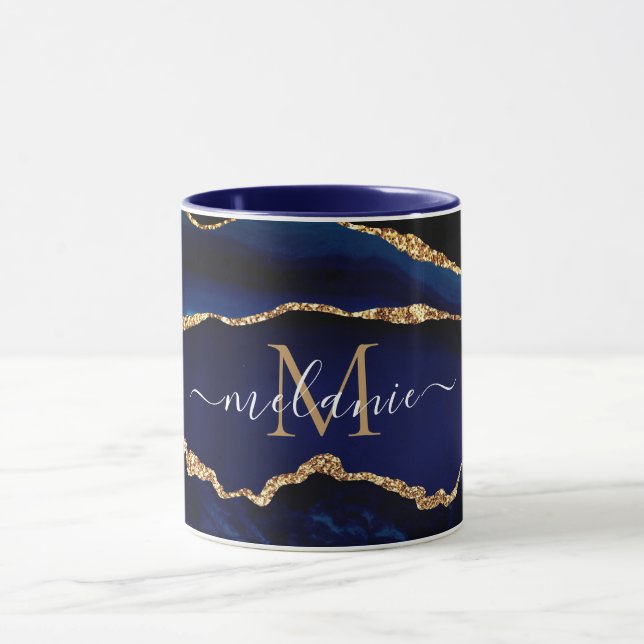 Agate Navy Blue Gold Marble Your Name Letter Mug (Center)