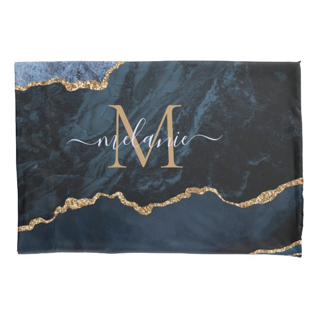 Agate Navy Blue Gold Name Letter Pillow Case (Front)