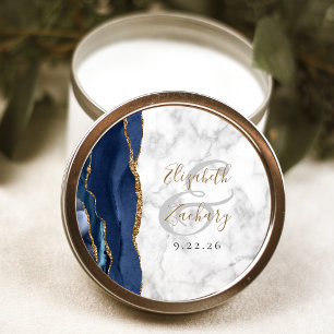 Agate Navy Blue Gold Script Marble Wedding Classic Round Sticker
