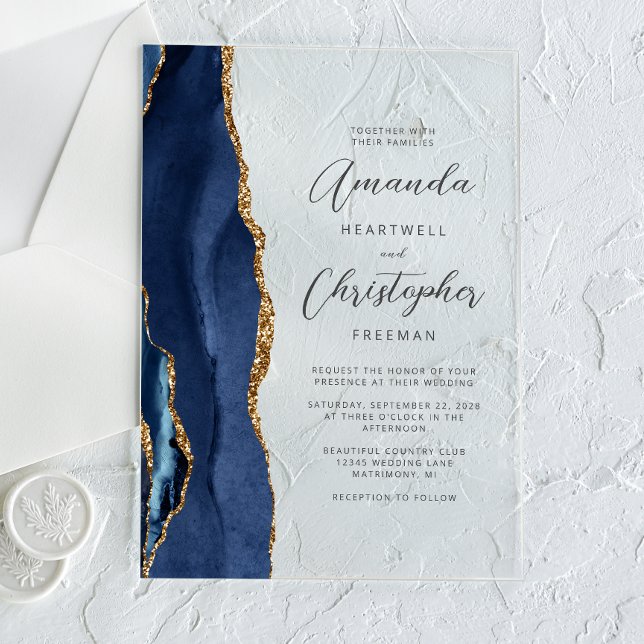 Agate Navy Blue Gold Script Wedding Acrylic Invitations (Creator Uploaded)