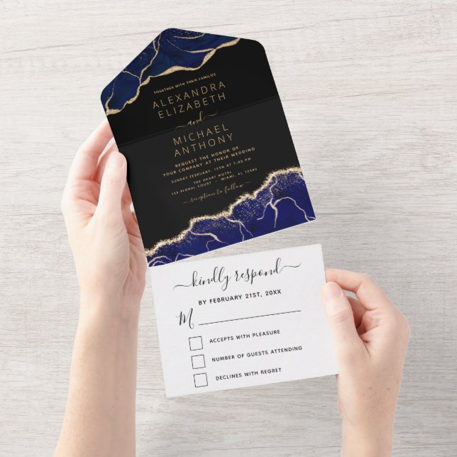 Agate Navy Blue Gold Wedding Elegant Modern All In One Invitation (Tearaway)