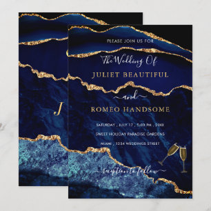 Agate Navy Blue Gold Wedding Invitation Card