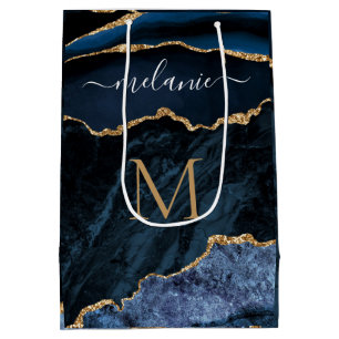Agate Navy Blue Gold Your Name and Letter Gift Bag