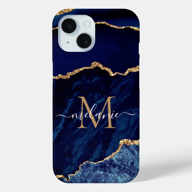Agate Navy Blue Gold Your Name Letter iPhone Case (Back)