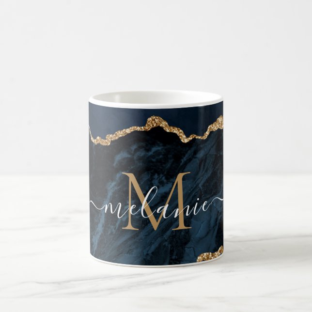 Agate Navy Blue Gold Your Name Letter Mug (Center)