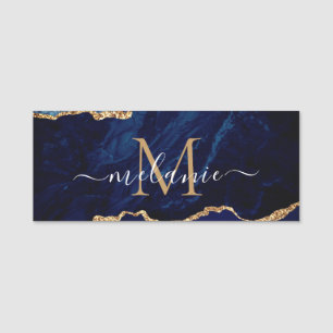 Agate Navy Blue Marble Name Tag with Your Letter