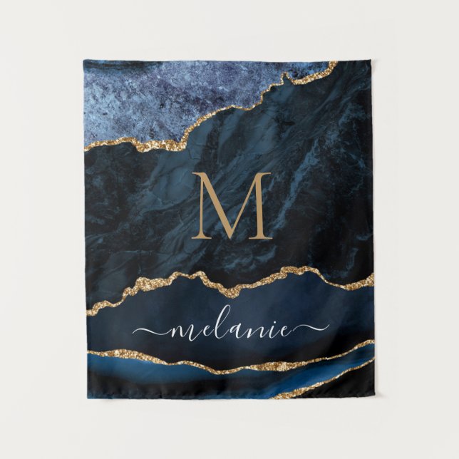 Agate Navy Blue Marble Your Name Letter Tapestry (Front)