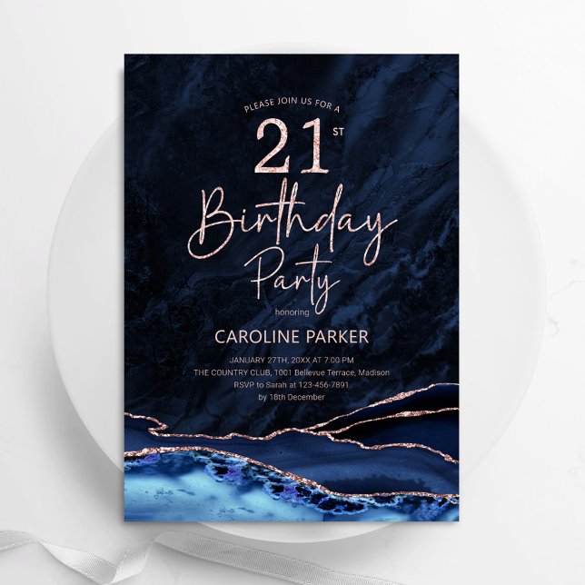 Agate Navy Blue Rose Gold 21st Birthday Invitation (Creator Uploaded)