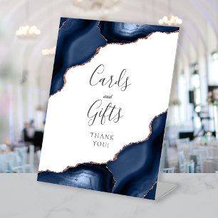 Agate Navy Blue Rose Gold Wedding Cards and Gifts Pedestal Sign
