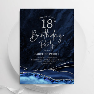 Agate Navy Blue Silver 18th Birthday Invitation