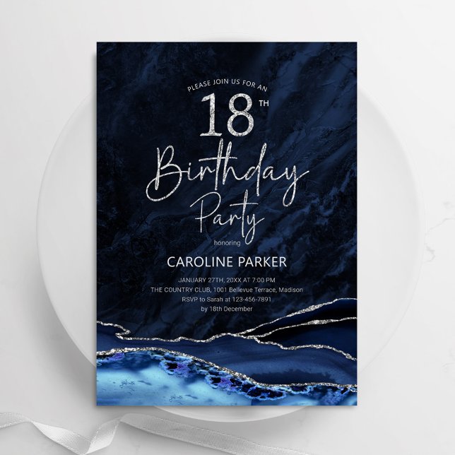 Agate Navy Blue Silver 18th Birthday Invitation (Creator Uploaded)