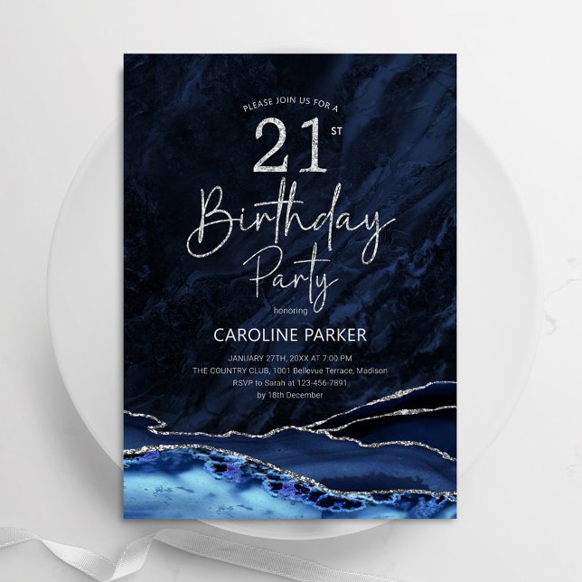 Agate Navy Blue Silver 21st Birthday Invitation (Creator Uploaded)