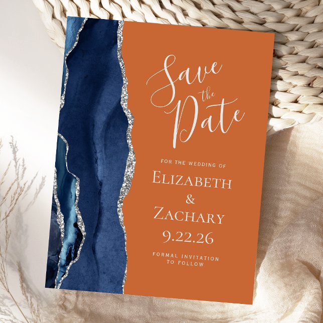 Agate Navy Blue Silver Burnt Orange Save the Date  Announcement Postcard (Creator Uploaded)