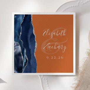 Agate Navy Blue Silver Burnt Orange Wedding Napkin