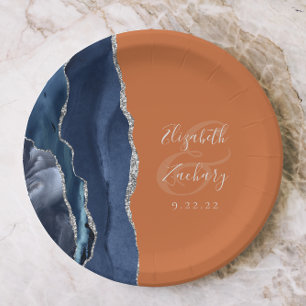 Agate Navy Blue Silver Burnt Orange Wedding Paper Plate